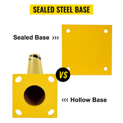 A yellow steel safety bollard with a sealed base is compared to a hollow base.