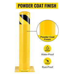 Yellow steel safety bollard, 24 inches tall with black stripes and powder coat finish.