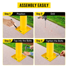 Four-step assembly diagram for 24-inch yellow steel safety bollard with anchor bolts.