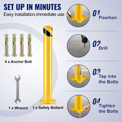 Yellow steel safety bollard, 36 inches tall, with a 4.5-inch diameter and sturdy base plate.