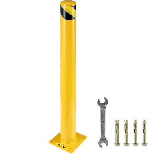 Yellow steel safety bollard, 36 inches tall with black stripes, base plate, and anchor bolts.