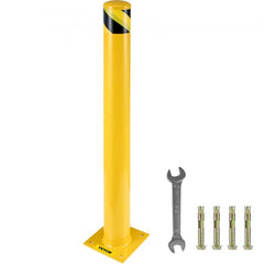Yellow steel safety bollard, 36 inches tall with black stripes, base plate, and anchor bolts.