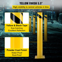 A 36-inch yellow steel safety bollard with 5.5-inch diameter, black stripes, powder coat finish, and anchor bolts.