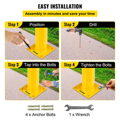 Bostome 42" yellow steel safety bollard with a black top stripe and pre-drilled base for easy installation.
