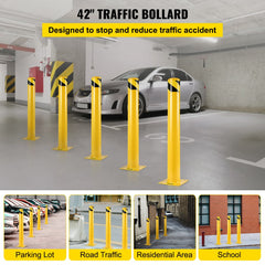 A 42-inch yellow Q235 steel safety bollard with black stripes and anchor bolts for traffic control.