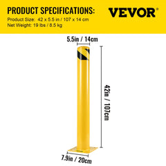 42-inch yellow Q235 steel safety bollard with black stripe and anchor bolts, dimensions shown.