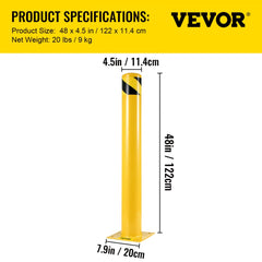 Yellow steel safety bollard, 48 inches tall, with a black top stripe and square base.