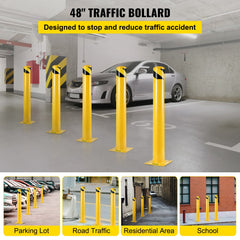 Yellow 48-inch steel safety bollard with a black top stripe and pre-drilled base for installation.