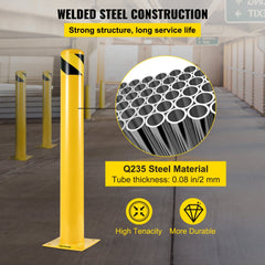 Yellow steel safety bollard with a 48-inch height and black top stripe for high visibility.