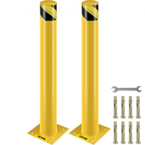 Two yellow steel safety bollards, 36 inches tall with black stripes and anchor bolts.