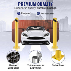 Two yellow 36-inch steel safety bollards with anchor bolts, rustproof and anti-corrosion, installed near a white car.