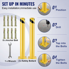 Infographic showing easy installation steps for two 36-inch yellow steel safety bollards with anchor bolts.