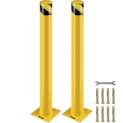 Yellow steel safety bollard post, 42 inches tall with a 4.5-inch diameter and sturdy base.