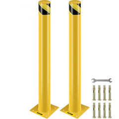 Yellow steel safety bollard post, 42 inches tall with a 4.5-inch diameter and sturdy base.