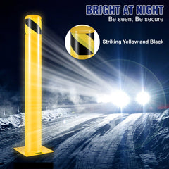 Yellow steel safety bollard post, 42 inches tall, 4.5-inch diameter, with a sturdy base.