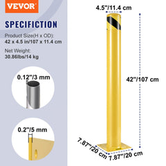 Yellow steel safety bollard post, 42 inches tall, with a 4.5-inch diameter and sturdy base.