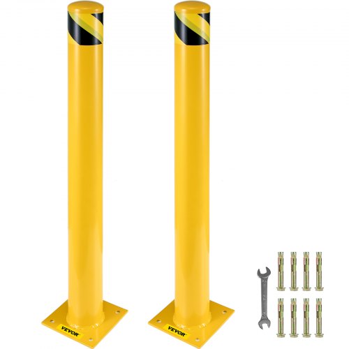 Two 42-inch yellow steel safety bollard posts with black stripes, base plates, and included anchor bolts and wrench.