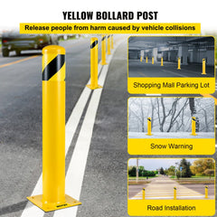 A 42-inch yellow steel safety bollard post with black stripes and anchor bolts for road installation.