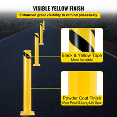 42-inch yellow steel safety bollard post with black caution bands and anchor bolts.