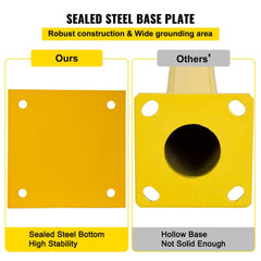 Comparison of yellow steel bollard base plates: ours with sealed steel bottom for high stability versus others' hollow base.
