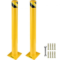 Two yellow steel safety bollard posts, 48 inches tall with 4.5-inch diameter, black and yellow stripes, and mounting hardware.