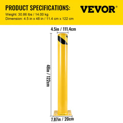 A 48-inch yellow steel safety bollard post with 4.5-inch diameter and black stripes.