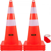 Six 28-inch orange PVC traffic safety cones with reflective collars for visibility and stability.