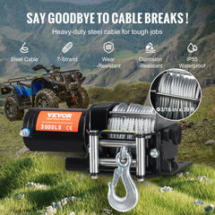 Black 3000 lb electric winch with steel cable, hook, and remote for ATVs and UTVs.