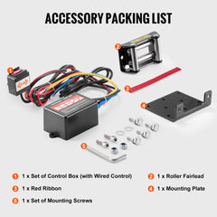 Packing list for Bostome 3000 lb electric winch: control box with wired remote, roller fairlead, red ribbon, mounting plate, and screws.