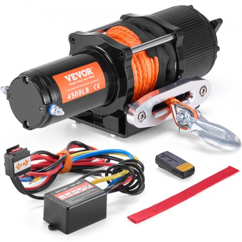Bostome 4500lb electric winch with synthetic rope and remote control for ATVs and UTVs.