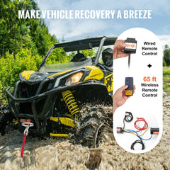 Black electric ATV winch with 4500 lb capacity, synthetic rope, and wireless remote control.