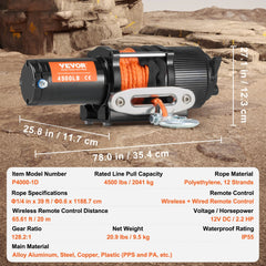 Black electric ATV winch with 4500 lb capacity, synthetic rope, and wireless remote.