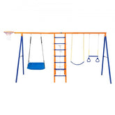 Metal A-frame swing set with swings, trapeze, ladder, climbing net, and basketball hoop.