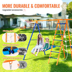 A sturdy metal A-frame swing set with swings, trapeze, ladder, and climbing net.