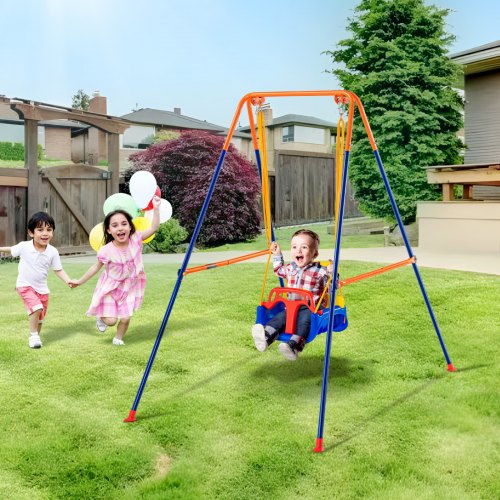 Bostome 3-in-1 toddler swing set with foldable A-frame and adjustable U-shaped seat.