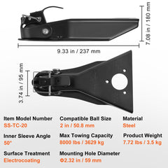 Heavy duty steel A-frame trailer coupler with 2-inch ball and 8000 lbs towing capacity.