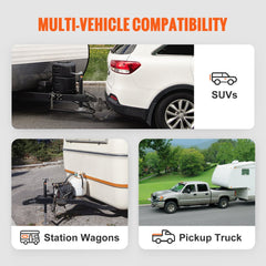 Graphic showing Bostome A-Frame trailer coupler compatible with SUVs, station wagons, and pickup trucks.