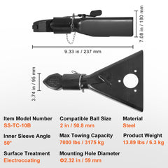 Black steel A-frame trailer coupler with quick-release latch and rust-resistant coating.
