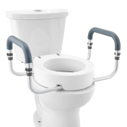 Bostome raised toilet seat with 3.5" height and aluminum handrails for support and stability.