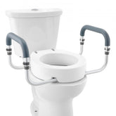 Bostome raised toilet seat with 3.5" height and aluminum handrails for support and stability.