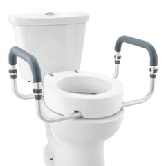Bostome raised toilet seat with 3.5" height and aluminum handrails for support and stability.