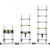 Bostome aluminum telescoping A-frame ladder shown collapsed, partially extended, and fully extended.