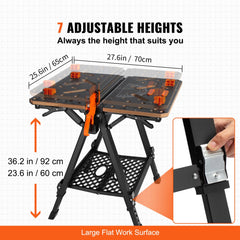 Folding work table with 7 adjustable heights from 23.6 to 36.2 inches and large flat surface.