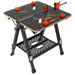 Folding black work table with orange clamps, protractor, and mesh shelf on steel legs.