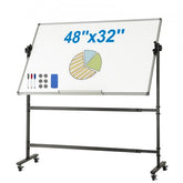 A 48x32-inch double-sided magnetic rolling whiteboard on adjustable-height stand with casters.