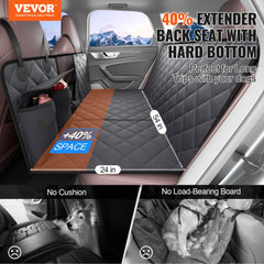 Dark gray waterproof dog car seat cover with back seat extender and breathable mesh panels.