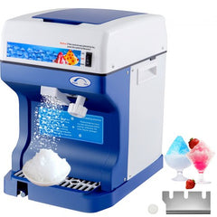 Blue and white electric ice shaver machine with adjustable texture, dispensing shaved ice into cups.