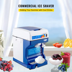 Blue and white electric ice shaver machine with adjustable texture, displaying shaved ice in bowls with berries.