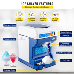 White and blue electric ice shaver machine with adjustable fineness knob, reverse switch, and shaved ice output.