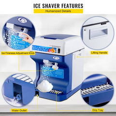 Blue and white electric ice shaver with adjustable knob, lifting handle, water outlet, and drip tray.